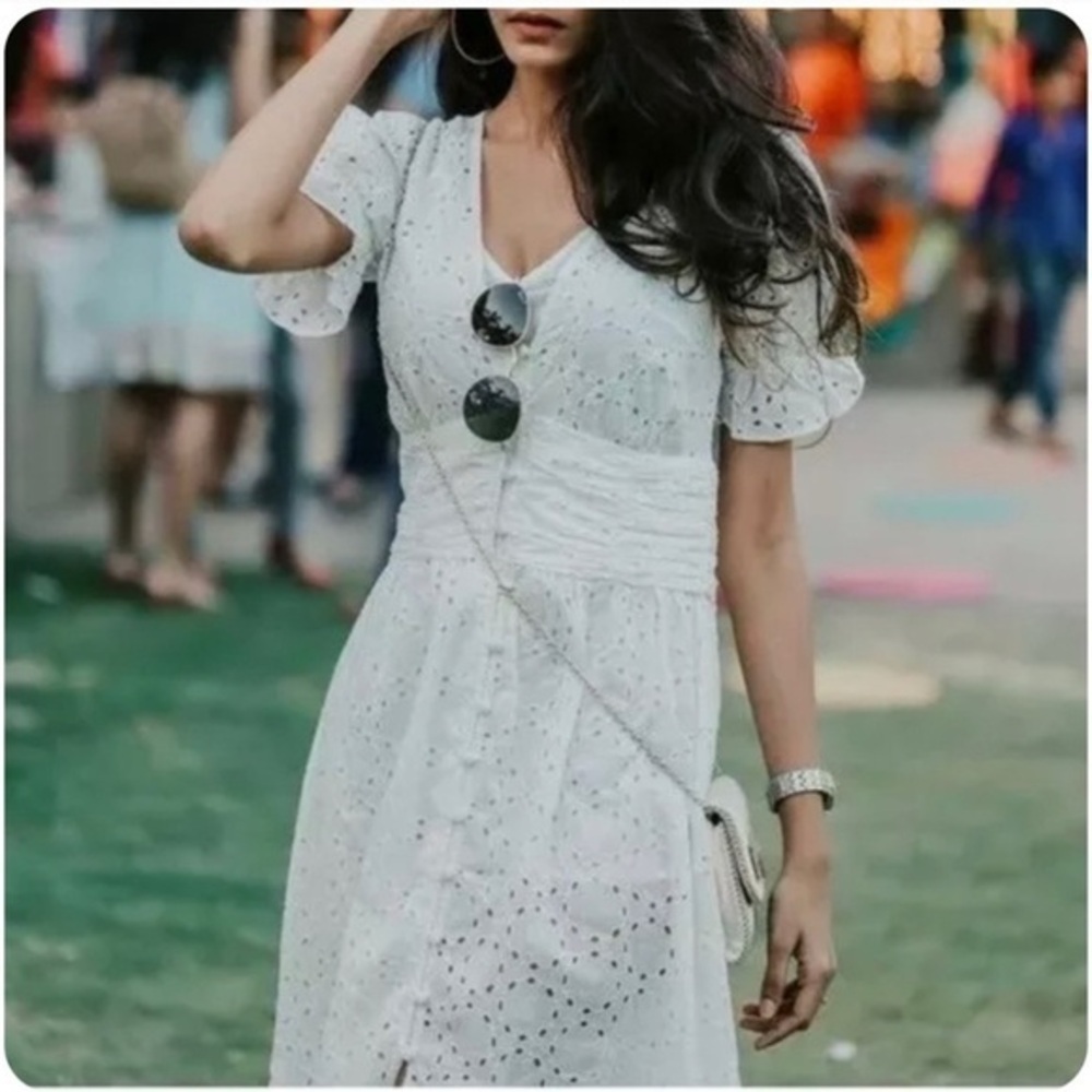 Zara Elegant White Eyelet Midi Dress XS